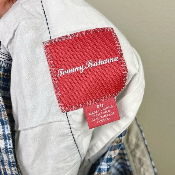 Tommy Bahama Men's 40 Plaid Gingham Plaid Linen Blend Shorts Blue Tan Flat Front - Picture 12 of 14